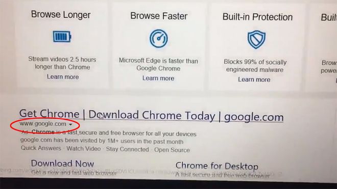 Bildet vises svindelannonsen som har blitt vist i Microsofts søketjeneste til blant annet Windows-brukere som ønsker å installere Google Chrome.