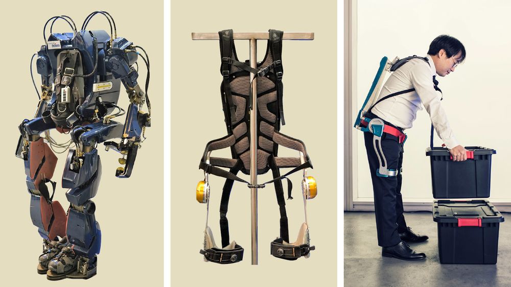 Hyundais første eksoskjelett (til venstre) ble presentert i 2016, og var inspirert av superhelten Iron Man. Det kan løfte 80 kg, men veier selv 120 kg. Det var ment å brukes til eldre med gåproblemer, men ble for uhåndterlig og tungt. I midten og til høyre er det nye Hyundai Waist EXoskjeletton (H-WEX), som kan løfte opptil 20 kg, men selv veier under 3 kg. Det består av et skjelett, sensorer, aktuatorer og et batteri. Det understøtter knær og hofter, og er utviklet for industriarbeidere som foretar mange like bevegelser.