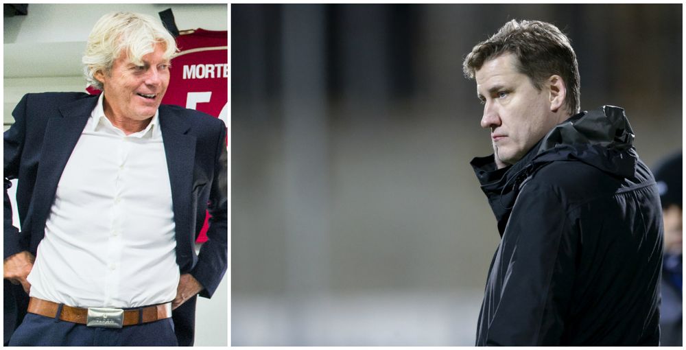 Til venstre er Morten Pedersen då han (og medforfattarar) presenterte boka «VM i fotball 2014» under ein pressekonferanse på Hotel Bristol hausten 2014. Til høgre er sportssjef i Start, Tor-Kristian Karlsen, under siste seriekamp i årets Eliteserie, då dei tapte 1-3 borte mot FK Haugesund.