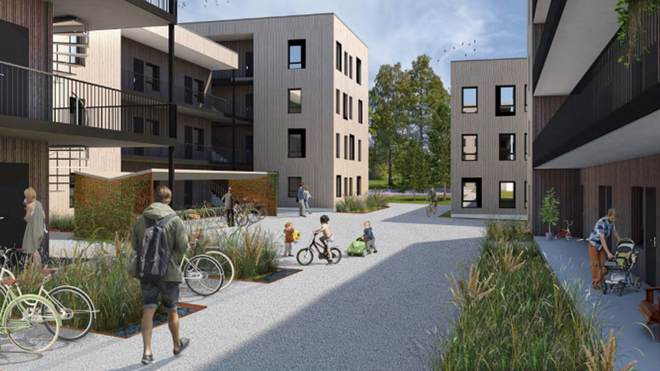 Studentby med blågrønn ramme