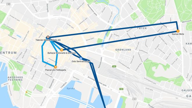 Undertegnedes bevegelser en fredag for noen uker siden, ifølge tidslinjen i Google Maps. Ingenting hemmelig, men det kunne ha vært. Alle apper med tilgang til posisjonstjenesten i smartmobiler kan samle inn data på denne måten.