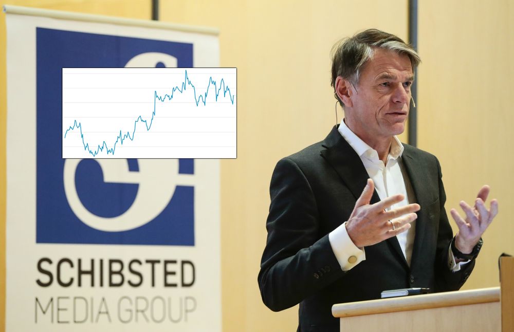 Konserndirektør økonomi og finans Trond Berger i Schibsted legg fram tala for tredje kvartal 2018. Innfelt er aksjekursen gjennom fjoråret.