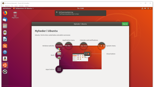 Skrivebordet til Ubuntu Linux kjører i et Virtualbox-vindu.