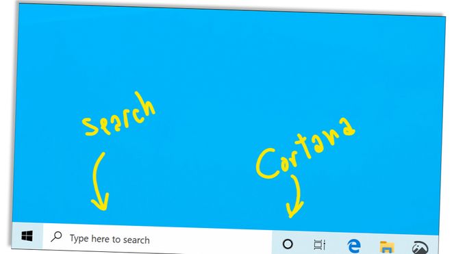 Skjermbilde fra Windows 10 som viser at Cortana har fått en egen knapp ved siden av søkefeltet i oppgavelinjen.