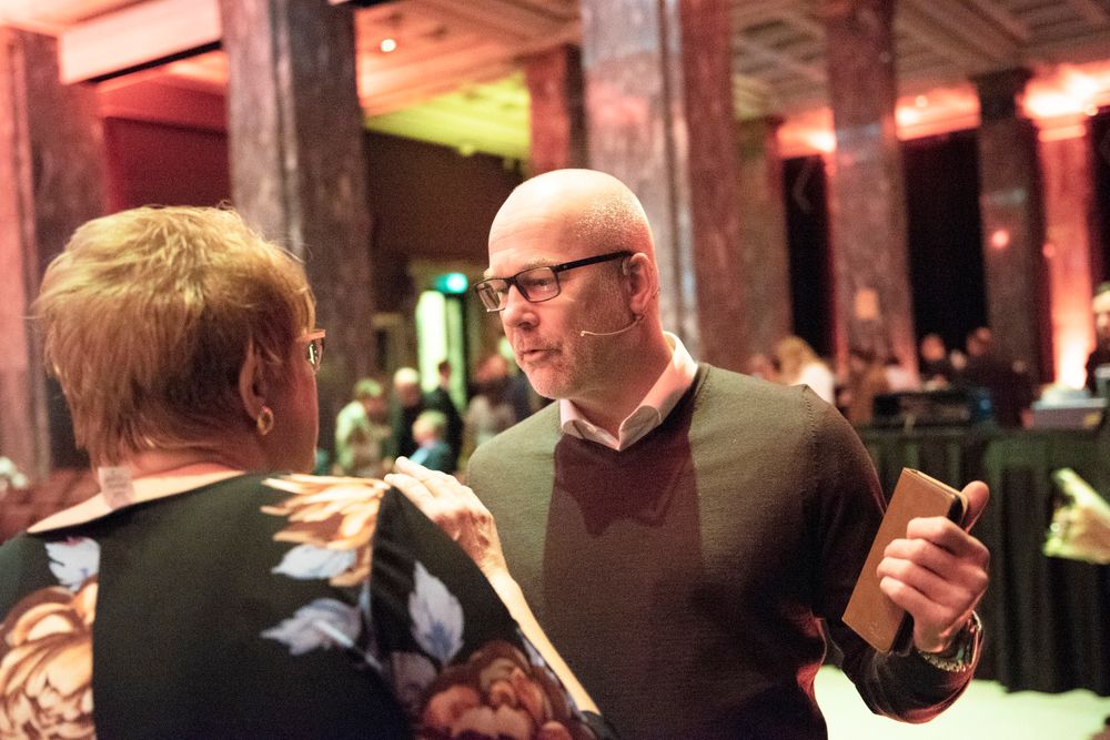Kringkastingssjef Thor Gjermund Eriksen i NRK i samtale med kulturminister Trine Skei Grande under Dagbladets 150-årsfeiring.