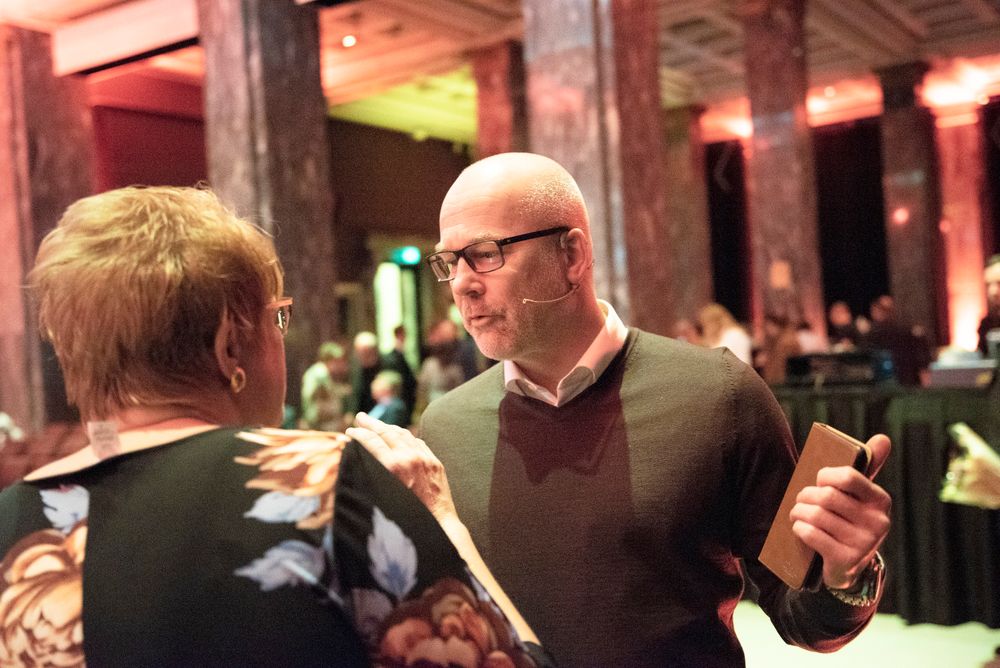 Kringkastingssjef Thor Gjermund Eriksen i NRK i samtale med kulturminister Trine Skei Grande under Dagbladets 150-årsfeiring.