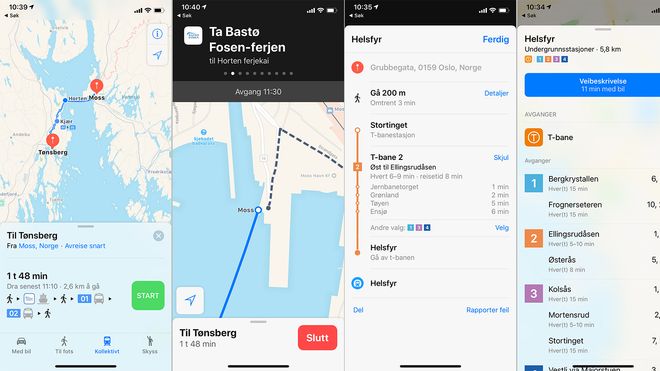 Skjermbilder som viser hvordan informasjon om kollektivtrafikk vises i Apple Maps.