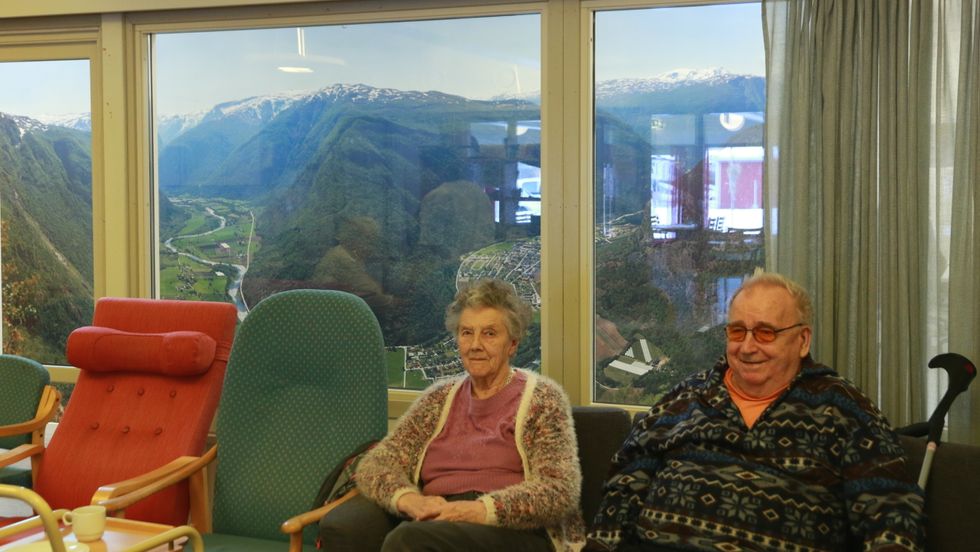 UTSYN OVER KJENTE TRAKTER: Den nye fotoveggen syner panoramautsyn over Ljøsne og Lærdalsøyri. Mange av bebuarane tykte det var kjekt å sjå kjente trakter.