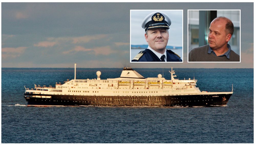 Det portugisiske passasjerskipet Astoria er bygget i 1948, og fyller dermed 71 år i år. Skipet har årlige turer til Nord-Norge. Bildet er tatt i 2016 utenfor Shetland. Havnedirektør Knut Thomas Kusslid (til venstre) i Trondheim og prosjektleder Even Husby i Bergen havn tror Nord-Norge kan ende opp med de eldste og mest forurensende cruiseskipene hvis de ikke stiller samme krav som havnene lenger sør.