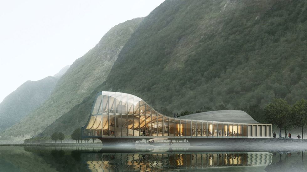 SPEKTAKULÆRT LINJER: Reiulf Ramstad Arkitekter i Oslo har laga dette forslaget på utforminga av det planlagde fjordsenteret i Fjærland. Korleis det vil sjå ut til slutt, og om det i det heile blir bygt, er enno ikkje bestemt.