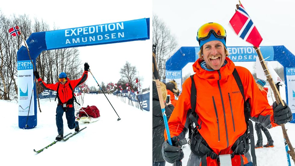 JUBEL: Etter over eitt døgn på ski over Hardangervidda var det Gjermund Nordkar som trakk den 40 kilo tunge pulken først over målstreken.