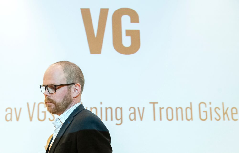 Sjefredaktør Gard Steiro under presentasjon av VGs eiga evaluering av avisa si dekning av den sokalla Giske-videosaka. Mediehuset la fram evalueringa førre onsdag,