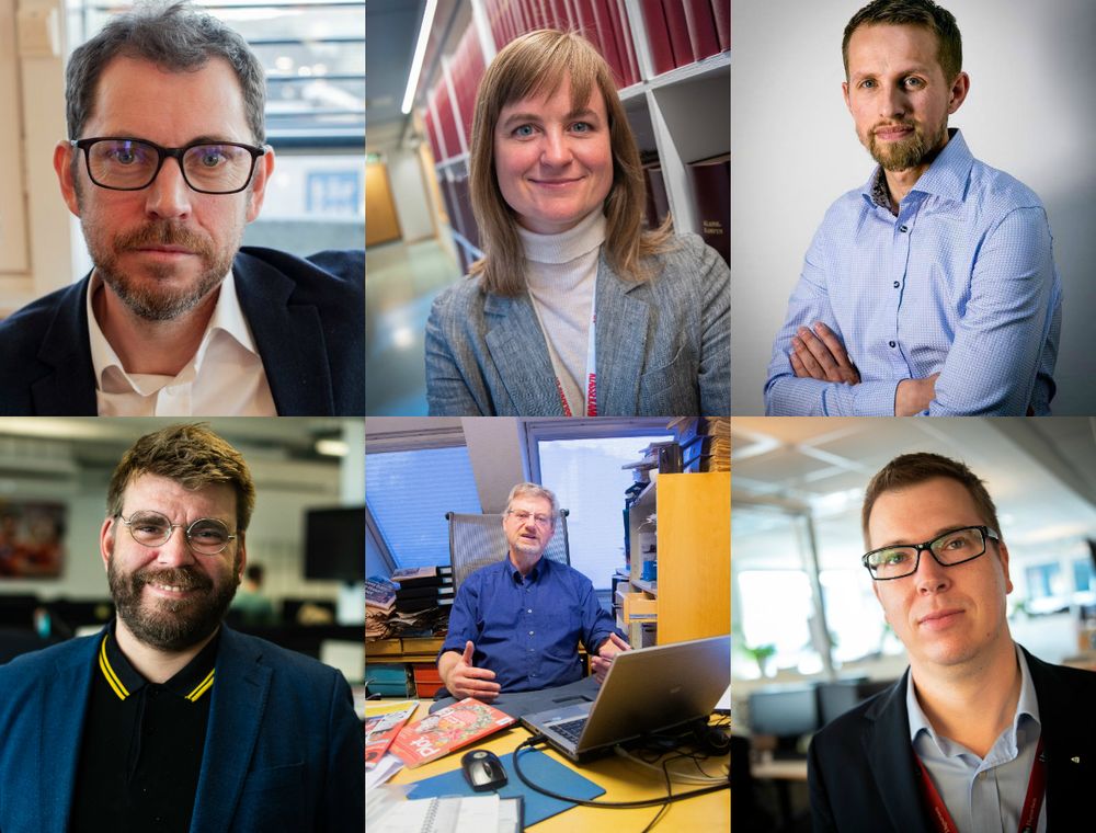 Oppe fra venstre: Bjørn Kristoffer Bore (Vårt Land), Mari Skurdal (Klassekampen), Helge Nitteberg (Nordlys), Sigvald Sveinbjørnsson (Bergensavisen), Magne Lerø (Dagens Perspektiv) og Eirik Hoff Lysholm (Dagsavisen).