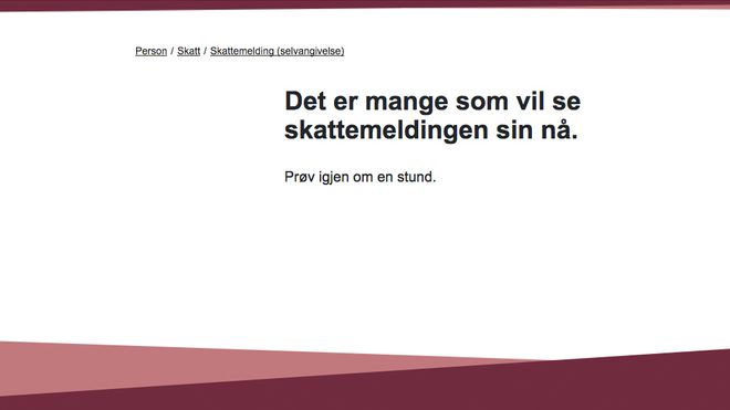 Feilmelding på skjerm: "Det er mange som vil se skattemeldlingen sin nå. Prøv igjen om en stund."