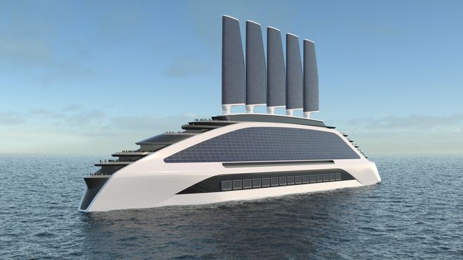Mulig konsept for nullutslipps cruiseskip med solceller, vind og brenselceller som bruker hydrogen.
