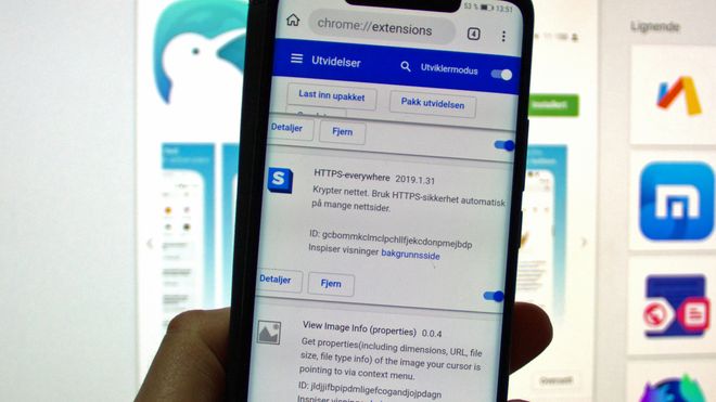 Listen med installerte utvidelser i Kiwi Browser for Android.