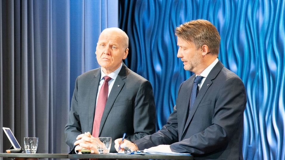 Sigve Brekke og Jørgen C. Arentz Rostrup under Telenors kvartalspresentasjon.