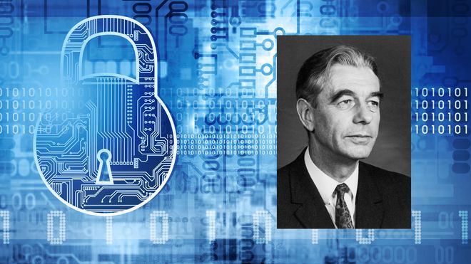 Portrett av Ernst Sejersted Selmer montert på en kryptografillustrasjon.