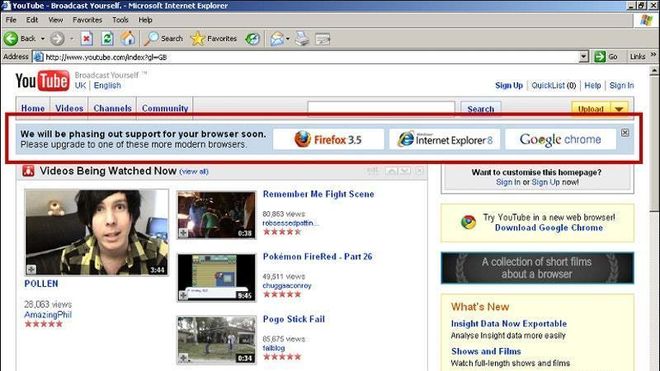 Internet Explorer 6 med advarsel om at YouTube snart vil fase ut støtten for denne nettleseren.