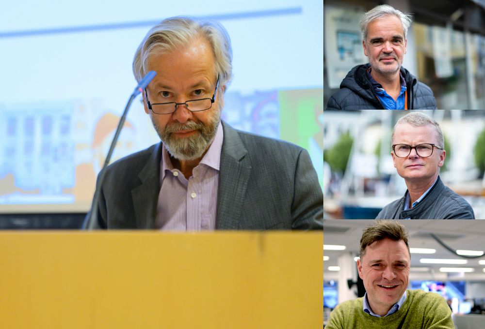 Til venstre er styreleiar Ole Jacob Sunde i Schibsted. Til høgre er redaktørane i Fædrelandsvennen, Stavanger Aftenblad og Aftenposten: Lars Helle, Eivind Ljøstad og Espen Egil Hansen.