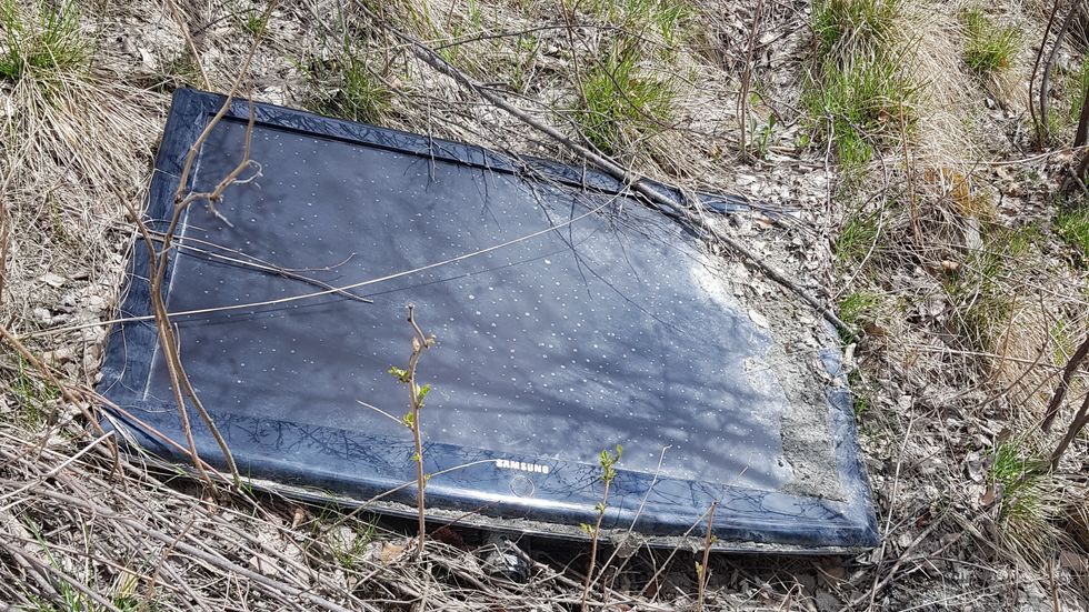 FLATSKJERM: Denne TV-skjermen ligg slengt i skogsområdet nedanfor Bergstølsvingane på fylkesveg 52.