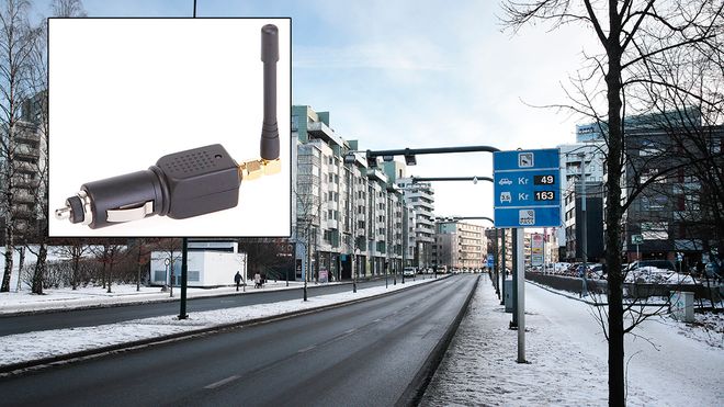 Ulovlig GPS-jammer, innfelt på et NTB-bilde som viser bomstasjon på Majorstuen.