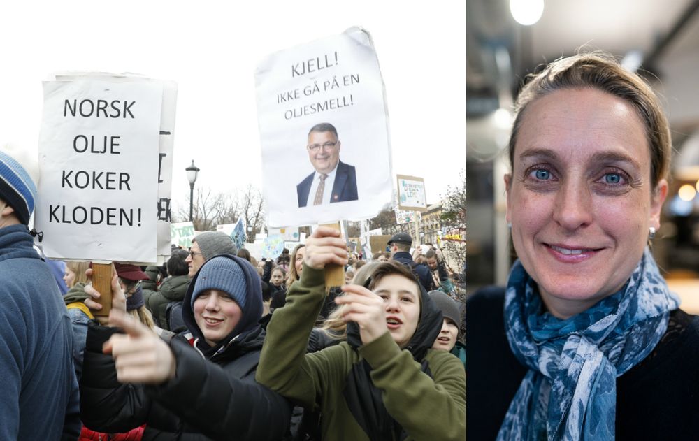 Venstre: Casper Lassen (t.v.) og Linus Demir frå Humanistskolen ved Ullevål stadion saman med streikande skuleelever utanfor Stortinget fredag. Høgre: NRK-journalist Astrid Rommetveit, prosjektleiar for kanalen si klimaarbeidsgruppe.