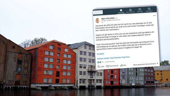 Faksimile fra Linkedin med Nivelva i Trondheim i bakgrunnen.