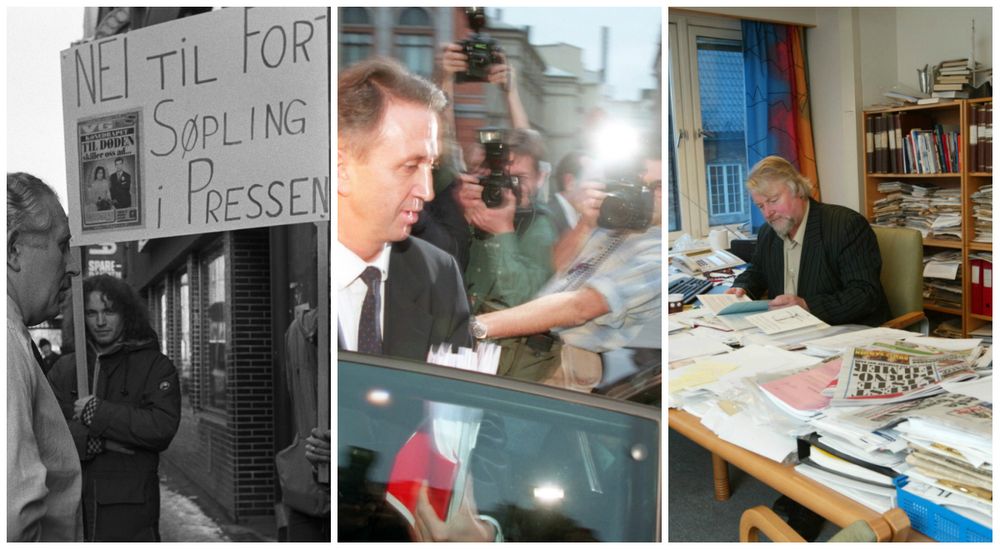 Til venstre: Ei gruppe på fire personar som gjekk til spontan demonstrasjon mot VG si framside med omtale av ei drapssak i Lillestrøm i 1983.I midten: Terje Rød-Larsen vert følgt av ein flokk journalistar og fotografar på veg ut frå Stortinget i 1996. Våren etterpå vart norsk presse si dekning av Rød-Larsen-saka kartlagt av presseforbunda. Til høgre: Dåverande generalsekretær i Norsk Presseforbund Per Edgar Kokkvold, fotografert på sitt kontor i 2003.
