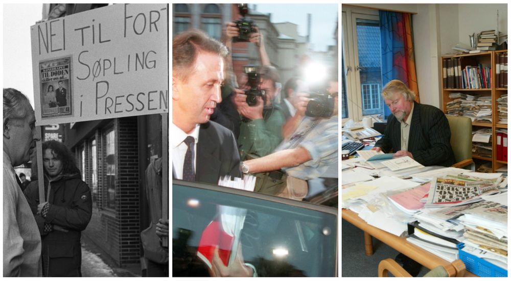 Til venstre: Ei gruppe på fire personar som gjekk til spontan demonstrasjon mot VG si framside med omtale av ei drapssak i Lillestrøm i 1983.I midten: Terje Rød-Larsen vert følgt av ein flokk journalistar og fotografar på veg ut frå Stortinget i 1996. Våren etterpå vart norsk presse si dekning av Rød-Larsen-saka kartlagt av presseforbunda. Til høgre: Dåverande generalsekretær i Norsk Presseforbund Per Edgar Kokkvold, fotografert på sitt kontor i 2003.
