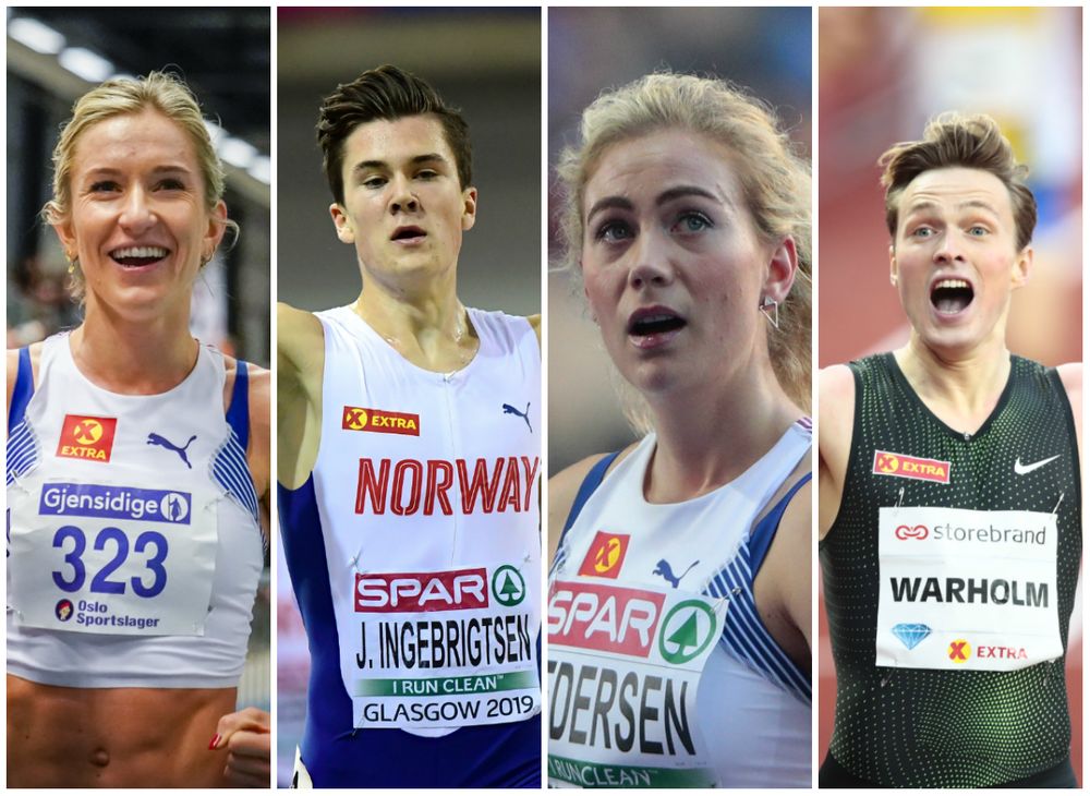 Karoline Bjerkeli Grøvdal (fra venstre), Jakob Ingebrigtsen, Isabelle Pedersen og Karsten Warholm har alle fått dumme spørsmål fra norske journalister.