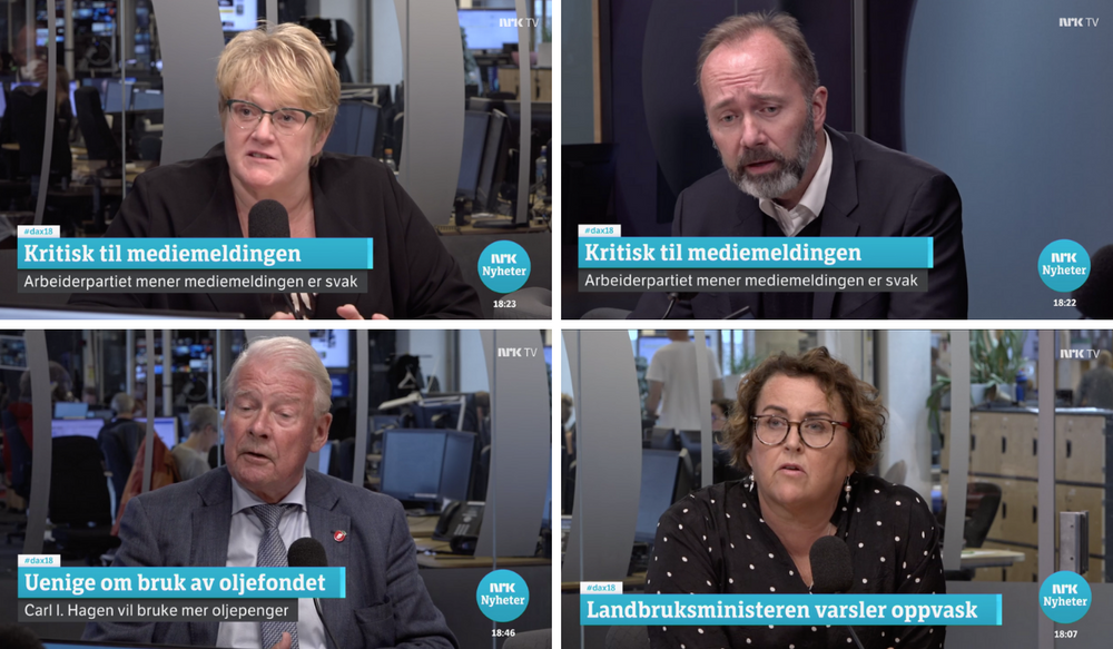 Trine Skei Grande i Venstre, Trond Giske i Arbeiderpartiet, Carl I. Hagen i Frp og Olaug Bollestad i KrF.