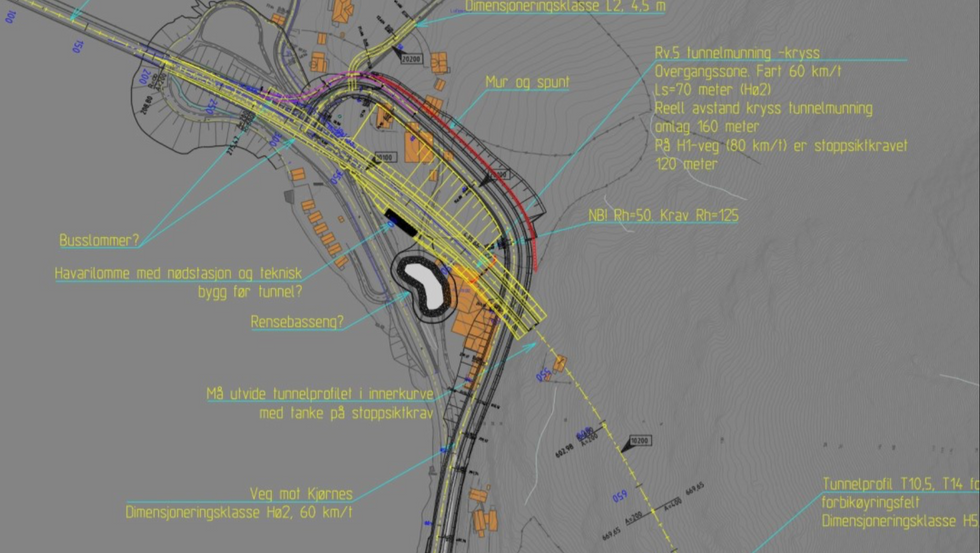 LAUSE TANKAR: Det er langt frå ferdige skisser, men nett no ser vegvesenet for seg at tunnelstart ved Loftesnesbrui er den mest aktuelle løysinga for å oppgradera riksvegen mot Kaupanger.