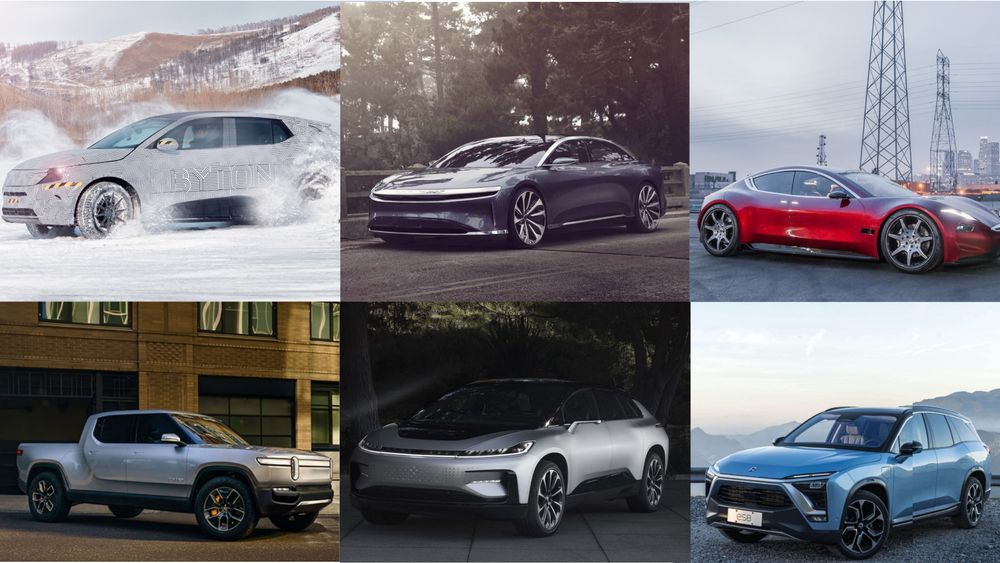 Fra venstre øverst: Byton, Lucid og Fisker. Fra venstre nederst: Rivian, Faraday Future og NIO.