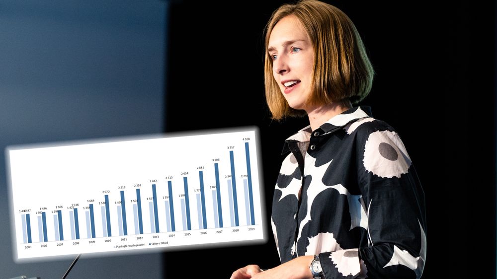 Forsknings- og høyere utdanningsminister Iselin Nybø kommenterer opptakstallene for høyere utdanning under en pressekonferanse på OsloMet tirsdag.