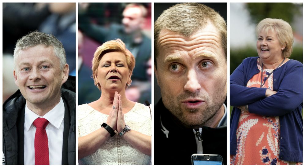 Dette er fire av de mest omtalte personene i første halvår av 2019: Ole Gunnar Solskjær (fra venstre), Siv Jensen, Eirik Horneland og Erna Solberg.