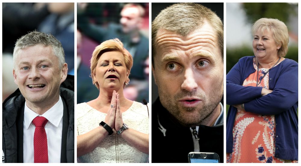 Dette er fire av de mest omtalte personene i første halvår av 2019: Ole Gunnar Solskjær (fra venstre), Siv Jensen, Eirik Horneland og Erna Solberg.