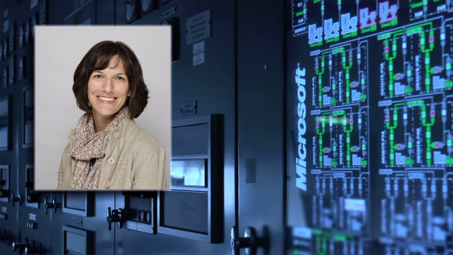 Administrerende direktør Kimberly Lein-Mathisen i Microsoft Norge. Bildet viser en del av kjøleanlegget ved et av selskapets datasentre.