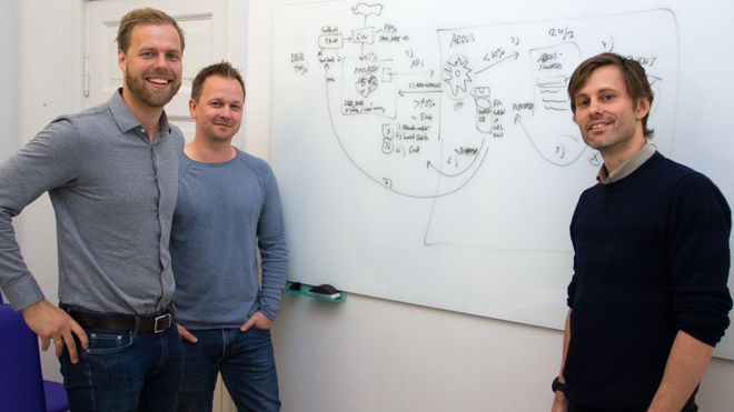 Erlend Andreas Gjære fra Secure Practice og Christer Stenbrenden og Jon-Finngard Moe fra Mnemonic foran en skisse over MailRisk og Argus fungerer sammen,
