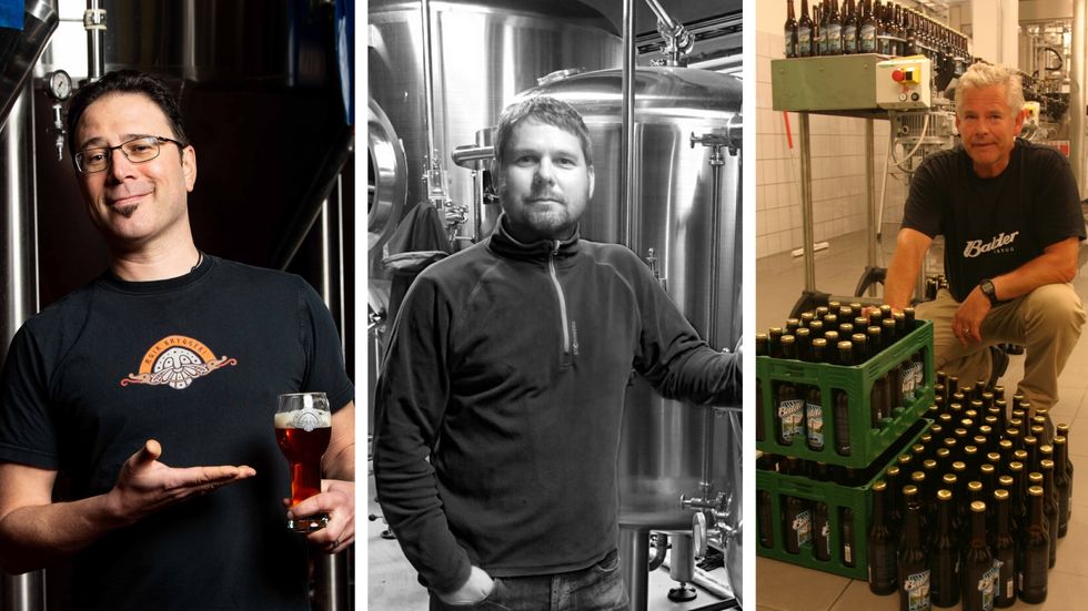 NØGD TRIO: I Indre sogn har me tre øl-bryggeri. Ægir, TYA, og Balder. Frå venstre Evan Lewis (Ægir), Arnt Erik Humjum (TYA), og Øystein Meland (Balder).