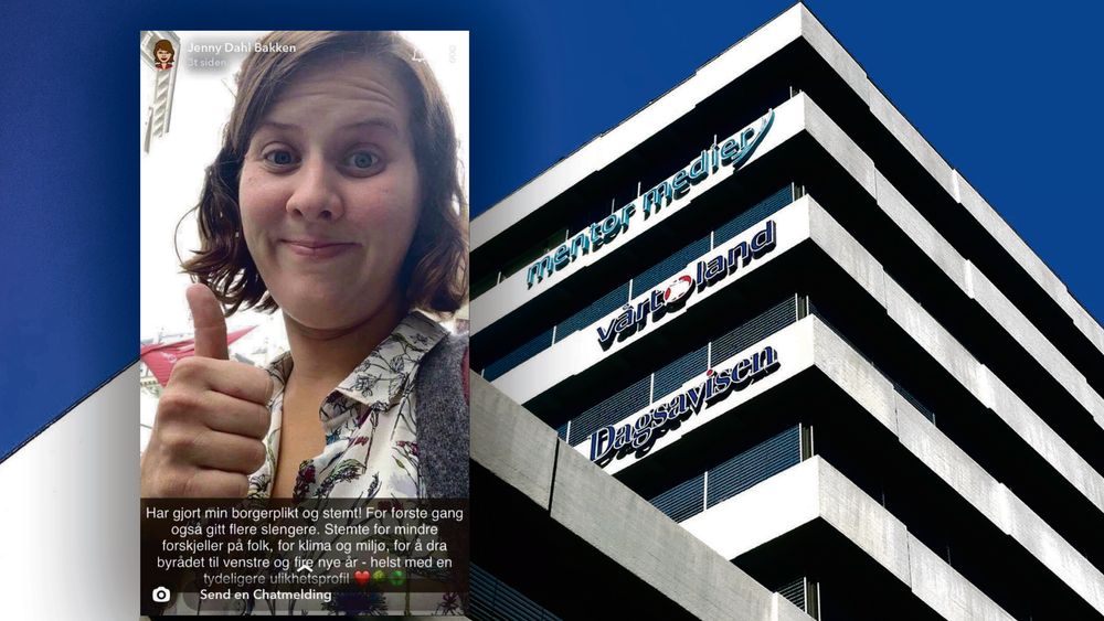 Journalist Jenny Dahl Bakken i Vårt Land innfelt fra Snapchat på et bilde av bygget der Vårt Land holder kontorer i Oslo sentrum.