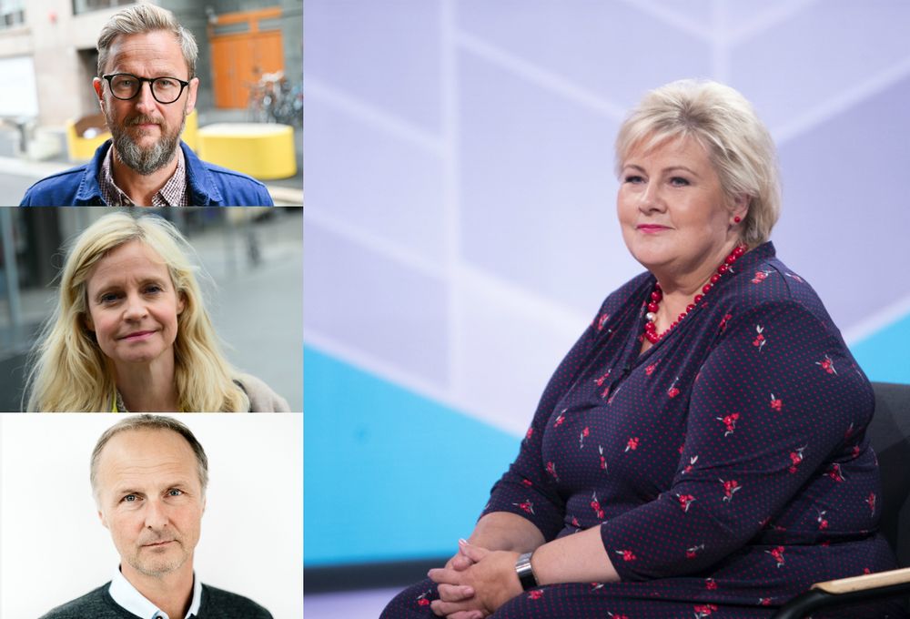 Politisk redaktør Lars West Johnsen i Dagsavisen, nyheitsredaktør Karianne Solbrækek i TV 2, nyheitsredaktør Tor M. Nondal i Dagens Næringsliv og statsminister Erna Solberg i studioet i NRK før partileiarutspørjing onsdag kveld.