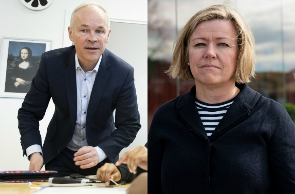 Kunnskaps- og integreringsminister Jan Tore Sanner (H) og nyheitsredaktør Tone Tveøy Strøm-Gundersen i Aftenposten.