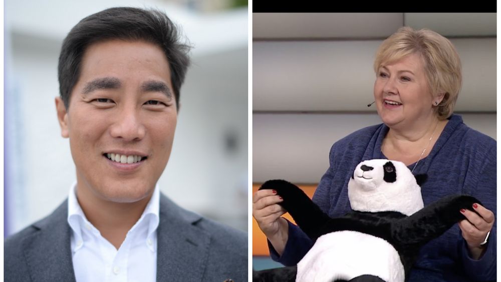 Programleder Fredrik Solvang vil be partilederne danse med en panda om de snakker i munnen på hverandre. Her er Erna Solberg fra NRK Supernytts partilederdebatt.