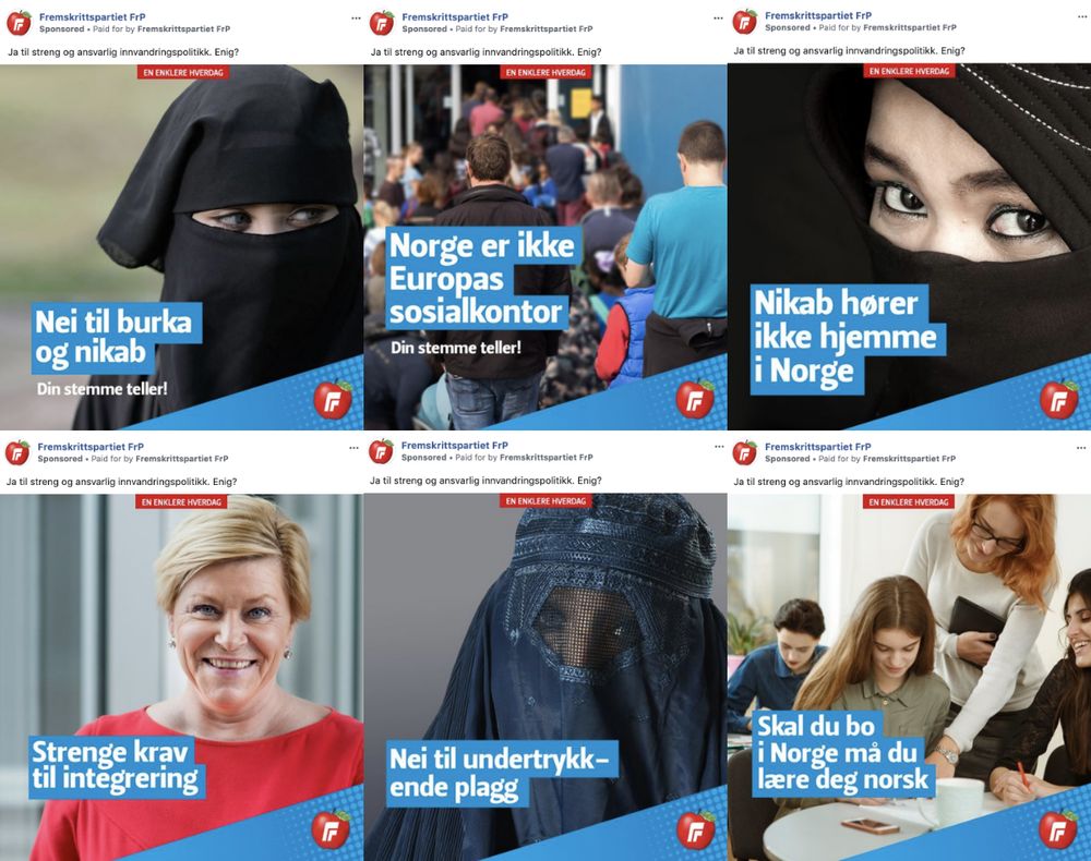 FrP sine Facebook-annonsar. Alle på biletet har kome sidan 5. september.