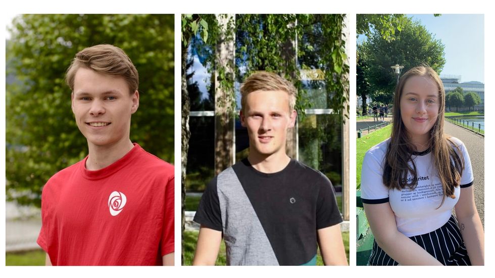 (f.v) Egil Natvik Vestrheim, Jørgen Lomheim Tang og Aasa Fredriksen Grønvold er født i 2000 eller seinare og kome med i kommunestyret.