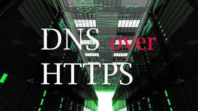 Teksten DNS over HTTPS foran et bilde fra et datasenter.