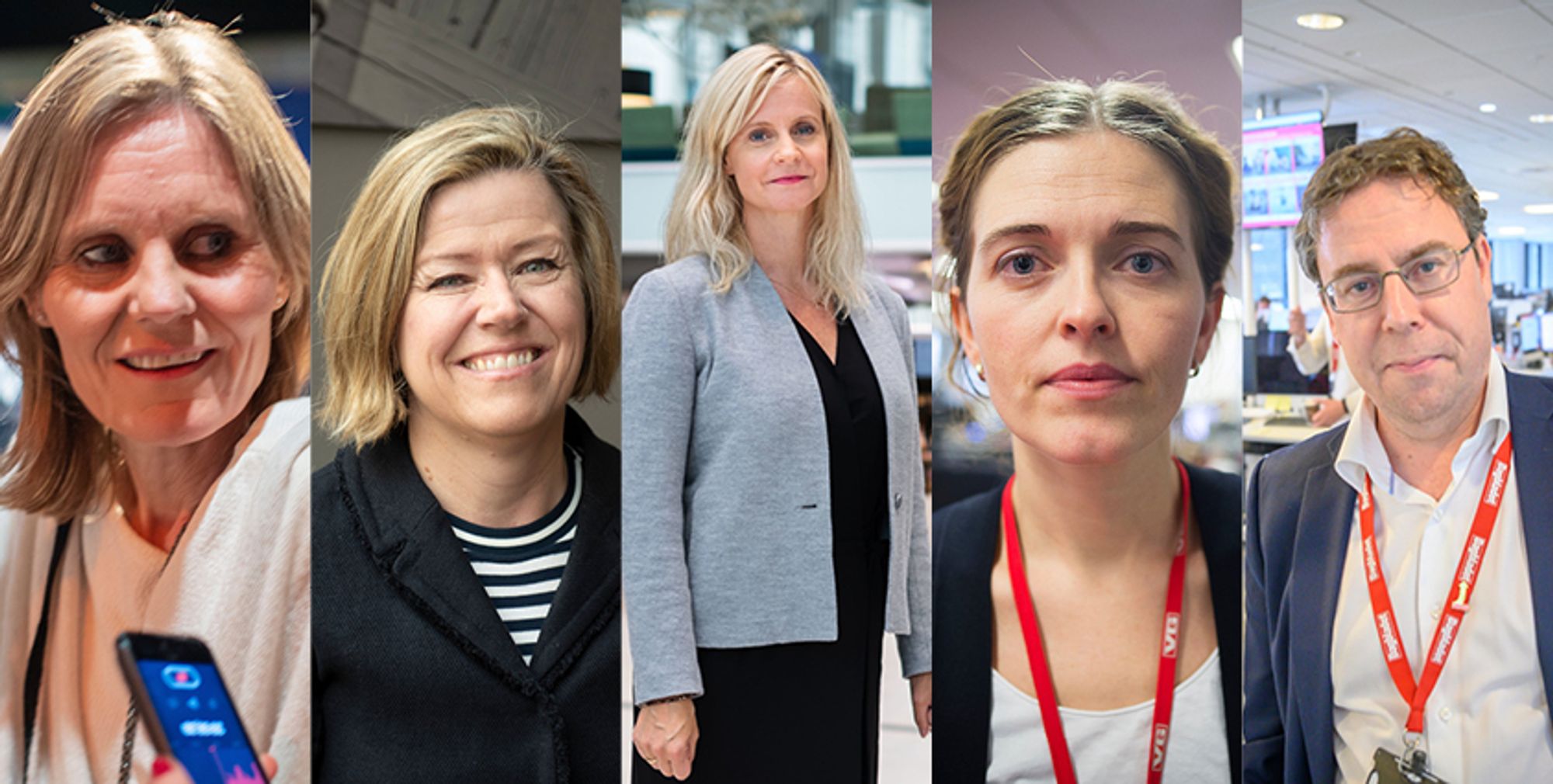 Fra Venstre: Nyhetsredaktørene Helje Solberg fra NRK, Tone Tveøy Strøm-Gundersen fra Aftenposten, Karianne Solbrække fra TV2, Tora Håndlykken fra VG og Frode Hansen fra Dagbladet
