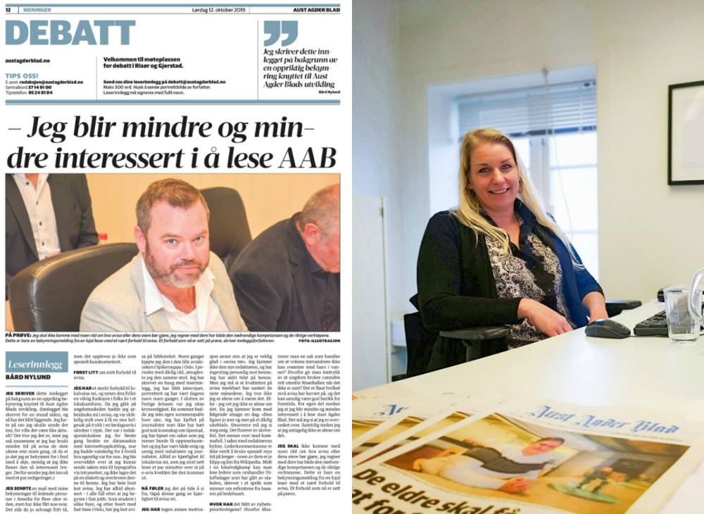 Bård Nylund er sterkt kritisk til utviklingen i Aust-Agder Blad. Til høyre er redaktør Camilla Glad.