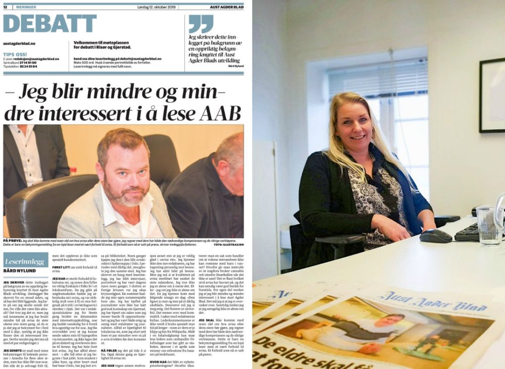 Bård Nylund er sterkt kritisk til utviklingen i Aust-Agder Blad. Til høyre er redaktør Camilla Glad.